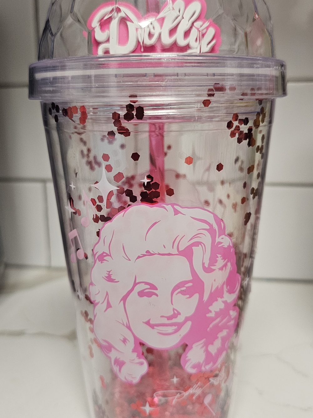 Dolly Parton Pink Glitter Portrait Tumbler with Straw